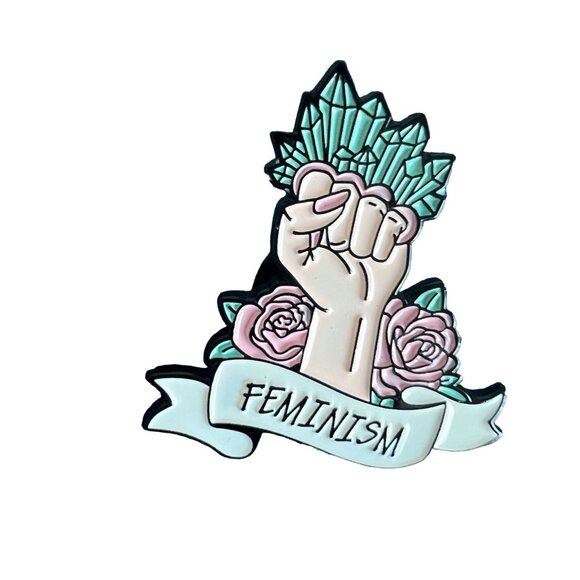 FEMINISM Womens Crystals Pink Enamel Lapel Pin NEW - Picture 2 of 3
